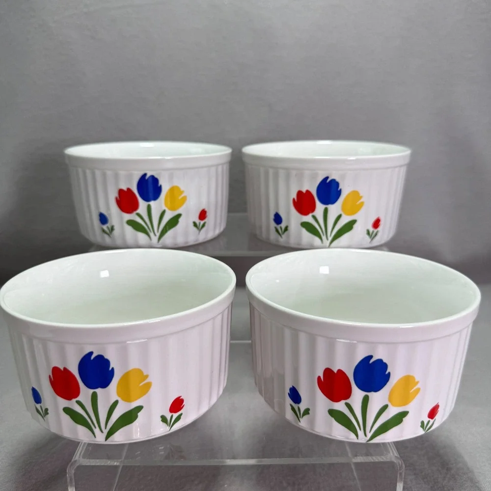 4 Tulip Tyme Ramekins Stoneware 80s VTG Floral Primary Colors Japan Fluted Edge